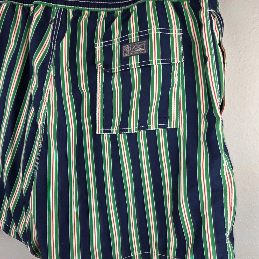 Polo Ralph Lauren Men Swim Trunks XL Navy Blue Green Red Striped Mesh Lined Pony